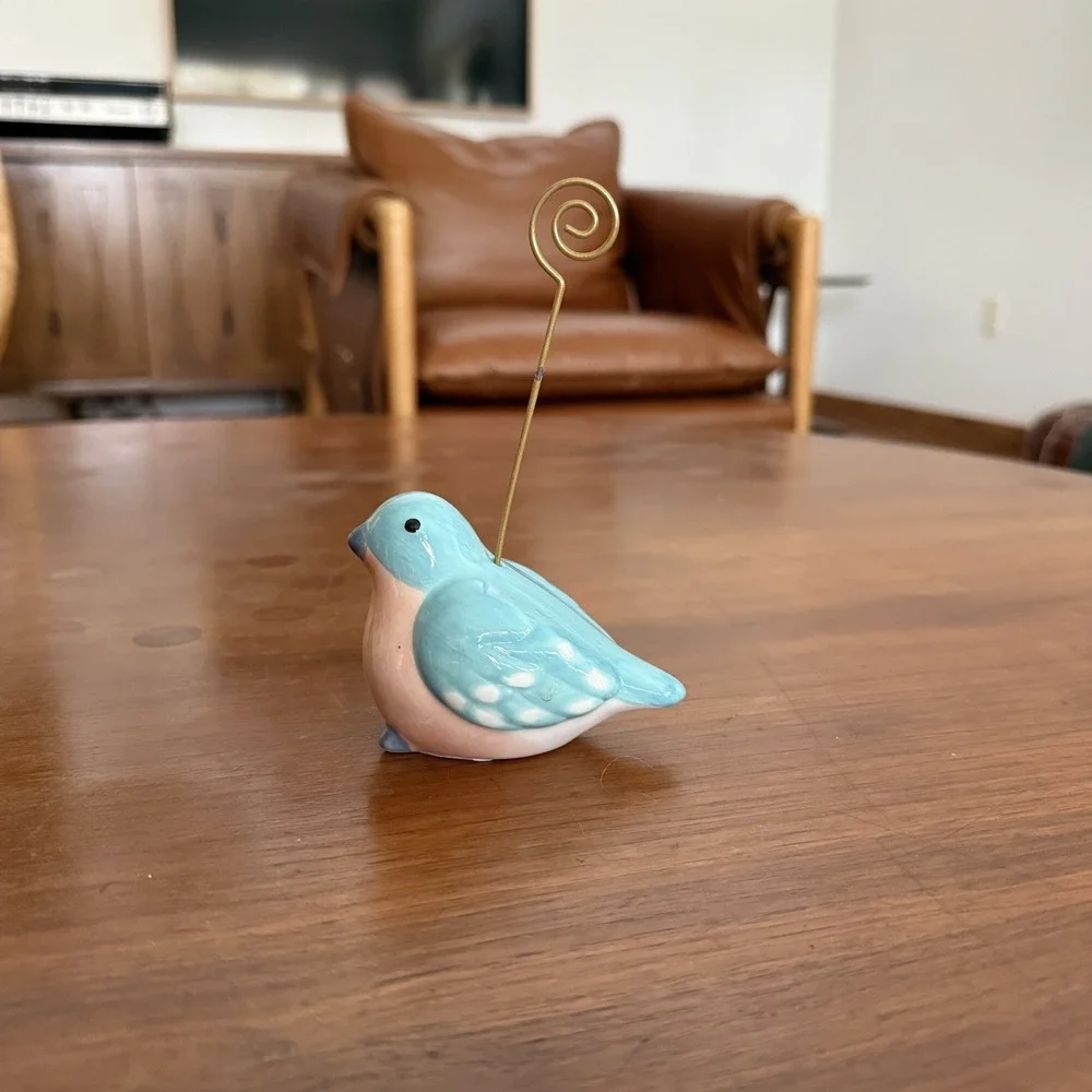 Ceramic Bluebird Figurine Photo Memo Place Card Holder Gold Wire Clip Blue Pink